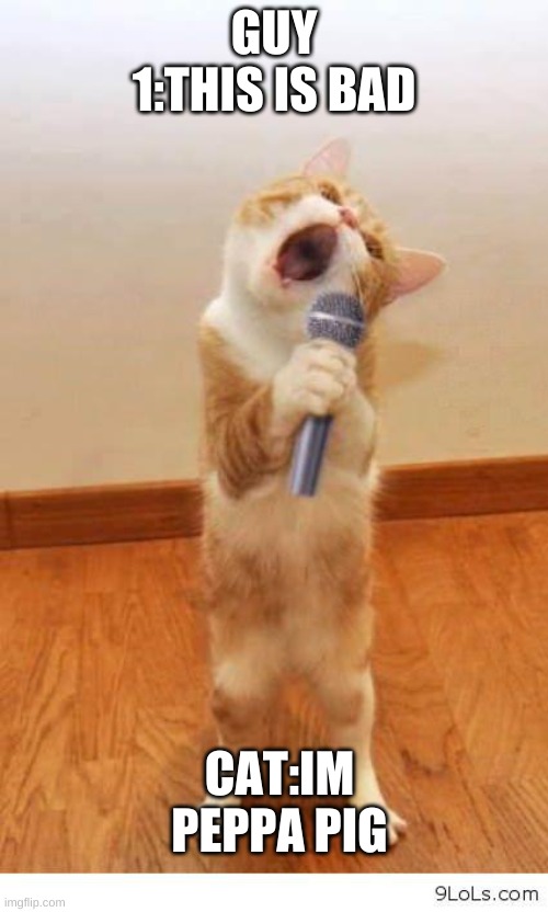 Cat Singer | GUY 1:THIS IS BAD; CAT:IM PEPPA PIG | image tagged in cat singer | made w/ Imgflip meme maker