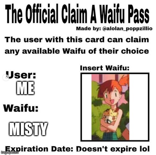 Official claim a waifu pass | ME; MISTY | image tagged in official claim a waifu pass | made w/ Imgflip meme maker