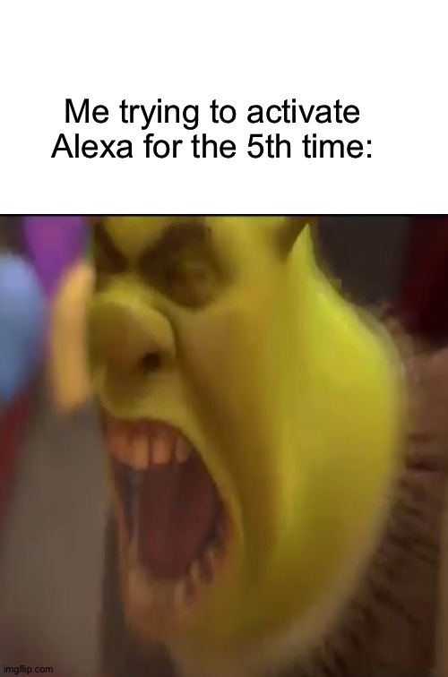 ALEXAAAAAAAAAAAAAAAAAAAAAAA | Me trying to activate Alexa for the 5th time: | image tagged in shrek screaming,alexa,activate,yelling,quiet | made w/ Imgflip meme maker