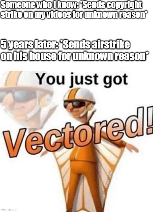 You just got vectored! |  Someone who i know: *Sends copyright strike on my videos for unknown reason*; 5 years later: *Sends airstrike on his house for unknown reason* | image tagged in you just got vectored | made w/ Imgflip meme maker