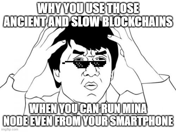 Jackie Chan WTF Meme | WHY YOU USE THOSE ANCIENT AND SLOW BLOCKCHAINS; WHEN YOU CAN RUN MINA NODE EVEN FROM YOUR SMARTPHONE | image tagged in memes,jackie chan wtf | made w/ Imgflip meme maker