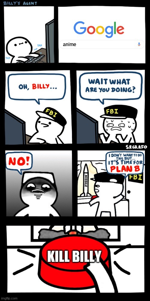 billy is searching for anime |  anime; KILL BILLY | image tagged in billy s fbi agent plan b,lol,funny,meme | made w/ Imgflip meme maker