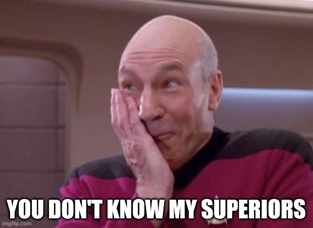 Picard smirk | YOU DON'T KNOW MY SUPERIORS | image tagged in picard smirk | made w/ Imgflip meme maker