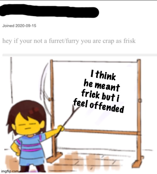 Good Job you are reading the title | I think he meant frick but i feel offended | image tagged in frisk sign,title,undertale,frisk,furry,furret | made w/ Imgflip meme maker