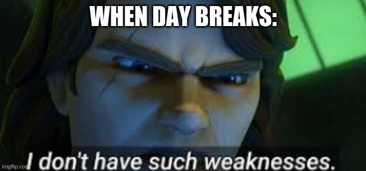 I dont have such weekness | WHEN DAY BREAKS: | image tagged in i dont have such weekness | made w/ Imgflip meme maker