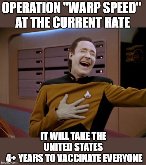 If trump was in charge of the Enterprise, it would have been a boring show that never went anywhere before the crew died. | OPERATION "WARP SPEED" 
AT THE CURRENT RATE; IT WILL TAKE THE UNITED STATES
 4+ YEARS TO VACCINATE EVERYONE | image tagged in memes,coronavirus,covid,donald trump is an idiot,maga,politics | made w/ Imgflip meme maker