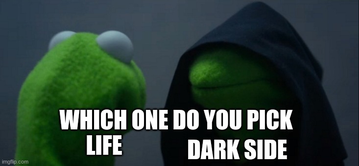 Evil Kermit | WHICH ONE DO YOU PICK; DARK SIDE; LIFE | image tagged in memes,evil kermit | made w/ Imgflip meme maker