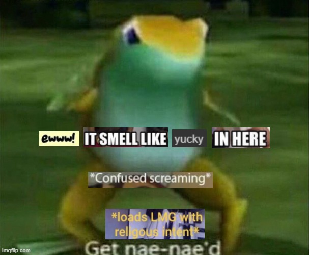 Smells like Yucky in there + Confused screaming + Loads LMG + Get nae-nae'd | image tagged in get nae-nae'd | made w/ Imgflip meme maker