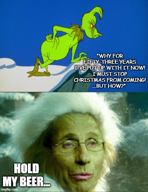 How the Fauci Stole Christmas | "WHY FOR FIFTY-THREE YEARS I'VE PUT UP WITH IT NOW!
I MUST STOP CHRISTMAS FROM COMING!
...BUT HOW?"; HOLD MY BEER... | image tagged in grinch,trust fauci | made w/ Imgflip meme maker
