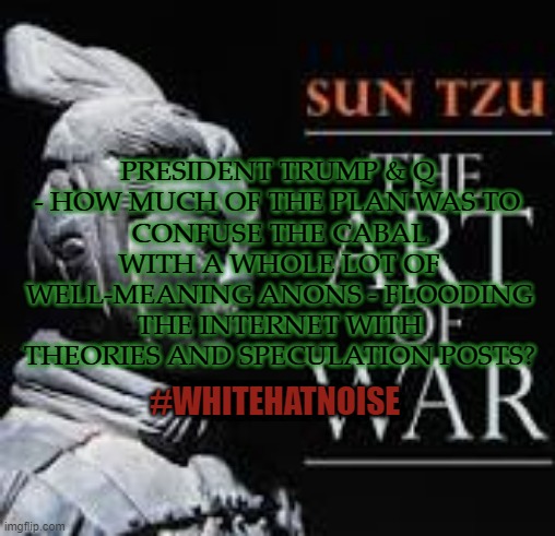 White Hat Noise | CONFUSE THE CABAL WITH A WHOLE LOT OF WELL-MEANING ANONS - FLOODING THE INTERNET WITH THEORIES AND SPECULATION POSTS? PRESIDENT TRUMP & Q 

- HOW MUCH OF THE PLAN WAS TO; #WHITEHATNOISE | image tagged in white hat noise,q,anon,white noise,deception,art of war | made w/ Imgflip meme maker