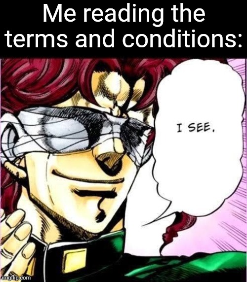 Understood. | Me reading the terms and conditions: | image tagged in gomenassorry,sbinnalla,bruh,memes,animeme,jojo's bizarre adventure | made w/ Imgflip meme maker