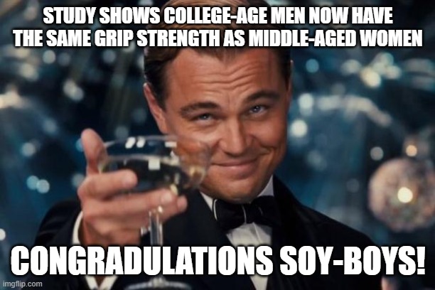 Leonardo Dicaprio Cheers | STUDY SHOWS COLLEGE-AGE MEN NOW HAVE THE SAME GRIP STRENGTH AS MIDDLE-AGED WOMEN; CONGRADULATIONS SOY-BOYS! | image tagged in memes,leonardo dicaprio cheers | made w/ Imgflip meme maker