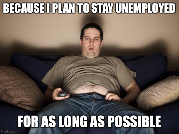 lazy fat guy on the couch | BECAUSE I PLAN TO STAY UNEMPLOYED FOR AS LONG AS POSSIBLE | image tagged in lazy fat guy on the couch | made w/ Imgflip meme maker