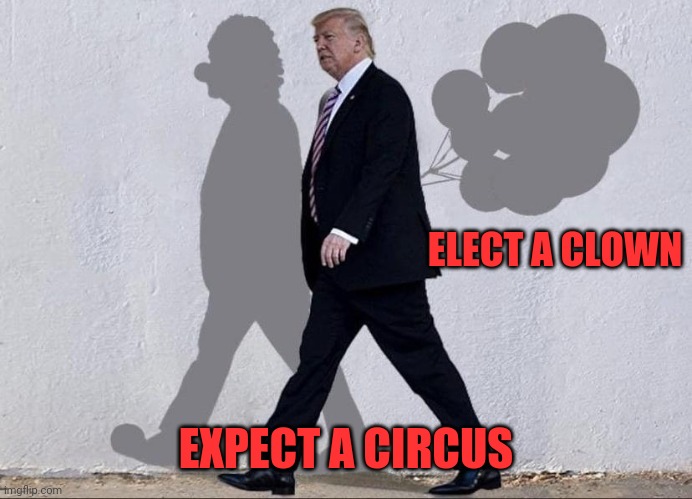 ELECT A CLOWN; EXPECT A CIRCUS | image tagged in trump,clowns | made w/ Imgflip meme maker