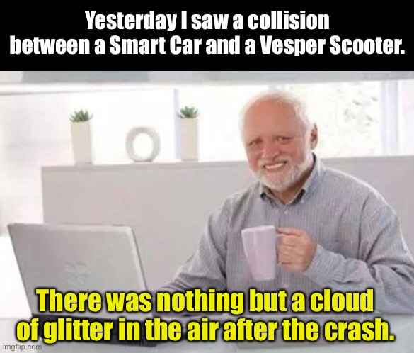 Smart Car | Yesterday I saw a collision between a Smart Car and a Vesper Scooter. There was nothing but a cloud of glitter in the air after the crash. | image tagged in harold | made w/ Imgflip meme maker