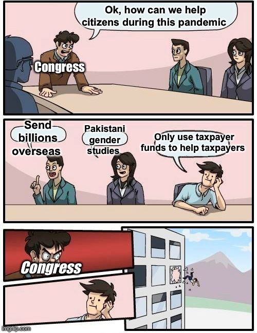 Boardroom Meeting Suggestion | Ok, how can we help citizens during this pandemic; Congress; Pakistani gender studies; Send billions overseas; Only use taxpayer funds to help taxpayers; Congress | image tagged in memes,boardroom meeting suggestion,politics lol,congress,quarantine,stupid people | made w/ Imgflip meme maker