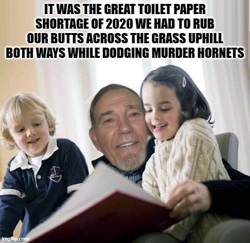 20 years from now |  IT WAS THE GREAT TOILET PAPER SHORTAGE OF 2020 WE HAD TO RUB OUR BUTTS ACROSS THE GRASS UPHILL BOTH WAYS WHILE DODGING MURDER HORNETS | image tagged in toilet paper shortage,kewlew | made w/ Imgflip meme maker