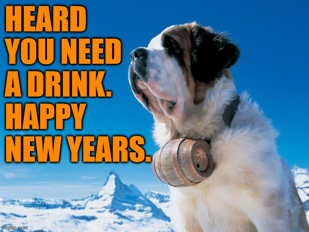 HEARD YOU NEED A DRINK. HAPPY NEW YEARS. | image tagged in dogs | made w/ Imgflip meme maker