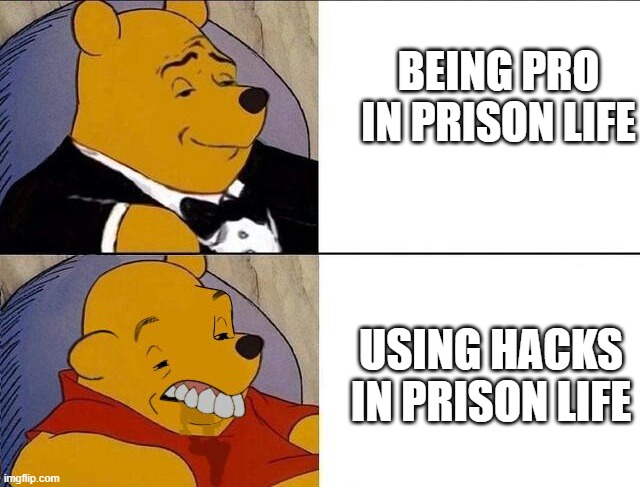 Prison life Roblox | BEING PRO IN PRISON LIFE; USING HACKS IN PRISON LIFE | image tagged in whinnie the pooh | made w/ Imgflip meme maker