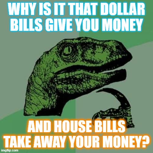 YASSSS I got $200! ...oops, left the water running again... | WHY IS IT THAT DOLLAR BILLS GIVE YOU MONEY; AND HOUSE BILLS TAKE AWAY YOUR MONEY? | image tagged in memes,philosoraptor,money,bills,dollar,house | made w/ Imgflip meme maker