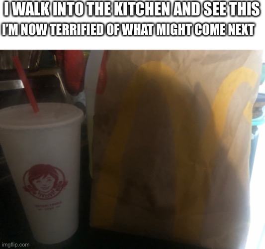 McDonald’s vs wendys | I WALK INTO THE KITCHEN AND SEE THIS; I’M NOW TERRIFIED OF WHAT MIGHT COME NEXT | image tagged in war of the worlds,mcdonalds,wendy's,scared,fast food | made w/ Imgflip meme maker