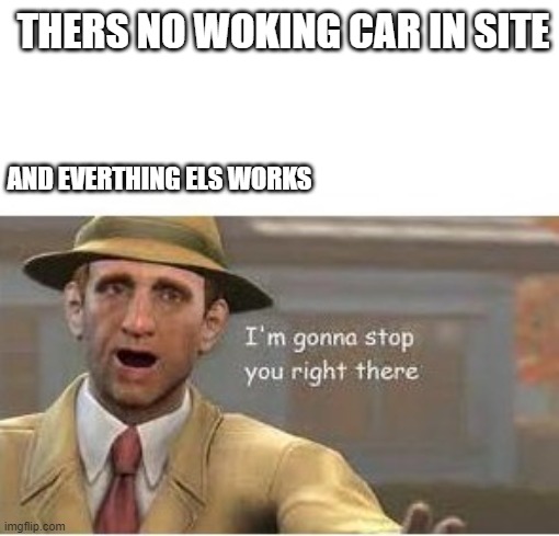 oof | THERS NO WOKING CAR IN SITE; AND EVERTHING ELS WORKS | image tagged in im going to stop you right there | made w/ Imgflip meme maker