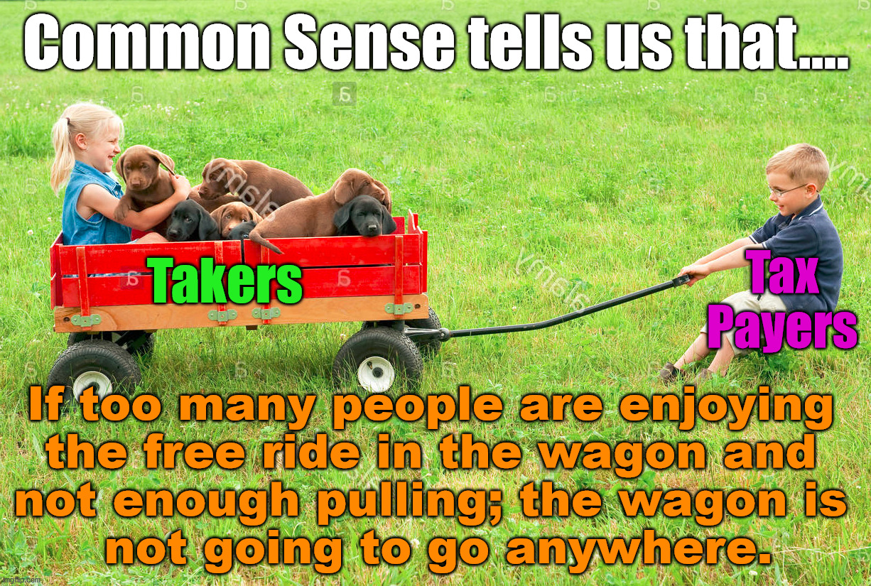 We need more people pulling the wagon and less sitting in it. | Common Sense tells us that.... Tax
Payers; Takers; If too many people are enjoying 
the free ride in the wagon and 
not enough pulling; the wagon is 
not going to go anywhere. | image tagged in political meme,bandwagon,taxes,pull | made w/ Imgflip meme maker