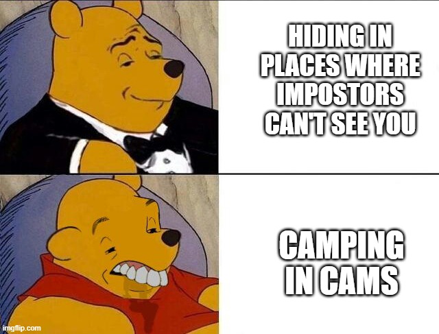 Camping in Cams | HIDING IN PLACES WHERE IMPOSTORS CAN'T SEE YOU; CAMPING IN CAMS | image tagged in whinnie the pooh | made w/ Imgflip meme maker