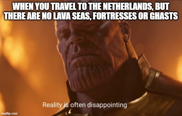 Reality is often dissapointing | WHEN YOU TRAVEL TO THE NETHERLANDS, BUT THERE ARE NO LAVA SEAS, FORTRESSES OR GHASTS | image tagged in reality is often dissapointing | made w/ Imgflip meme maker