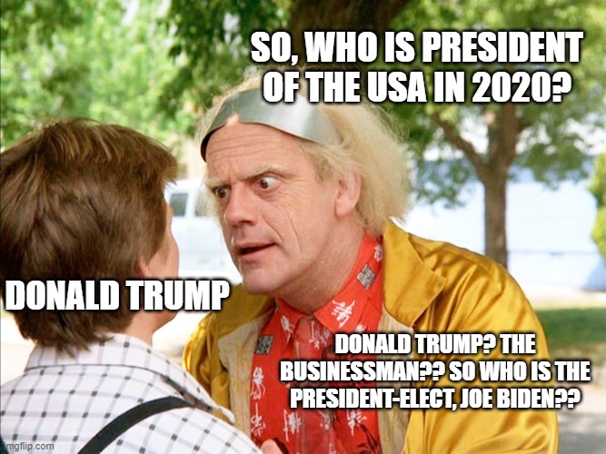 ;-) | SO, WHO IS PRESIDENT OF THE USA IN 2020? DONALD TRUMP; DONALD TRUMP? THE BUSINESSMAN?? SO WHO IS THE PRESIDENT-ELECT, JOE BIDEN?? | image tagged in back to the future,trump,biden,election 2016,election 2020 | made w/ Imgflip meme maker