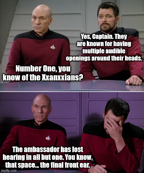 Picard Riker listening to a pun | Yes, Captain. They are known for having multiple audible openings around their heads. Number One, you know of the Xxanxxians? The ambassador has lost hearing in all but one. You know, that space... the final front ear. | image tagged in picard riker listening to a pun | made w/ Imgflip meme maker