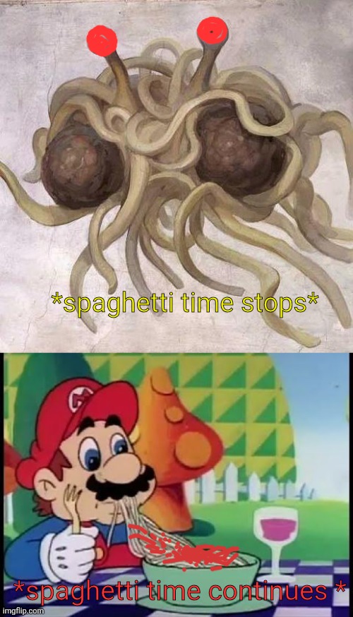 Mario vs spaghetti monster | *spaghetti time stops*; *spaghetti time continues * | image tagged in flying spaghetti monster,mario,pizza time stops,spaghetti,who would win | made w/ Imgflip meme maker