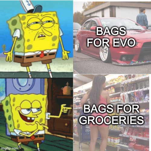 Bags vs Coilovers | BAGS FOR EVO; BAGS FOR GROCERIES | image tagged in evo x,evo,bags,coilovers,mitsubishi | made w/ Imgflip meme maker