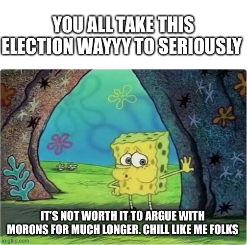 Chill Like Me | YOU ALL TAKE THIS ELECTION WAYYY TO SERIOUSLY; IT’S NOT WORTH IT TO ARGUE WITH MORONS FOR MUCH LONGER. CHILL LIKE ME FOLKS | image tagged in tired spongebob | made w/ Imgflip meme maker