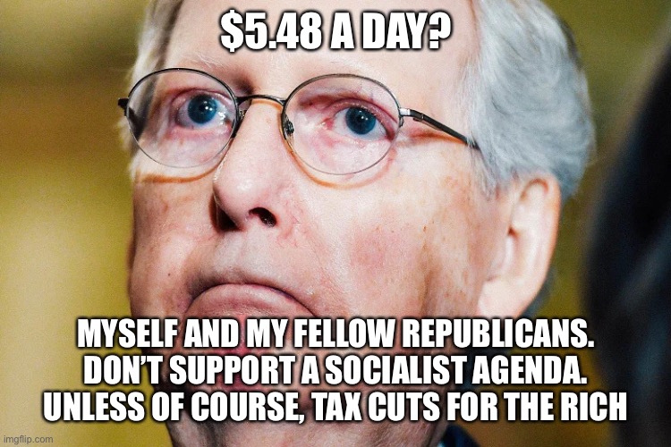 $5.48 A DAY? MYSELF AND MY FELLOW REPUBLICANS. DON’T SUPPORT A SOCIALIST AGENDA. UNLESS OF COURSE, TAX CUTS FOR THE RICH | made w/ Imgflip meme maker