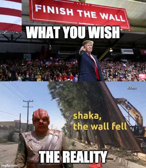 Trump Wall | WHAT YOU WISH; THE REALITY | image tagged in trump wall,wall fail,shaka,darmok | made w/ Imgflip meme maker