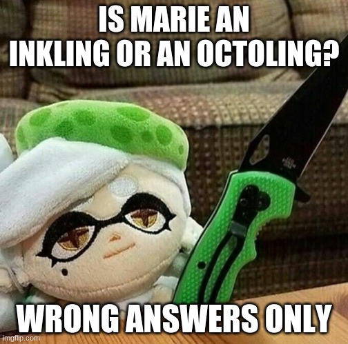 Marie plush with a knife | IS MARIE AN INKLING OR AN OCTOLING? WRONG ANSWERS ONLY | image tagged in marie plush with a knife | made w/ Imgflip meme maker