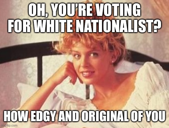 Just sayin’ | OH, YOU’RE VOTING FOR WHITE NATIONALIST? HOW EDGY AND ORIGINAL OF YOU | image tagged in creepy condescending kylie,white nationalism,voting,condescending wonka | made w/ Imgflip meme maker