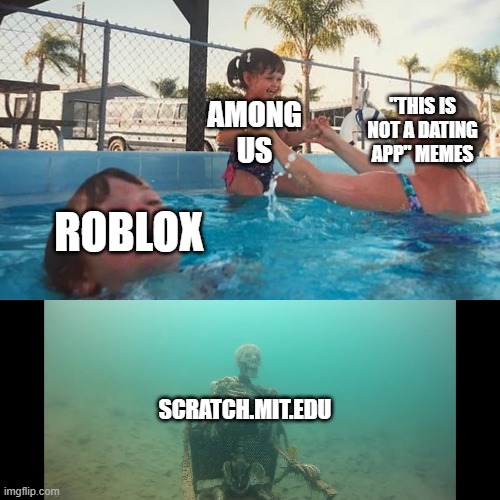 WHY SO MANY!! | AMONG US; "THIS IS NOT A DATING APP" MEMES; ROBLOX; SCRATCH.MIT.EDU | image tagged in drowning kid skelleton,among us,roblox,scratch,online dating | made w/ Imgflip meme maker