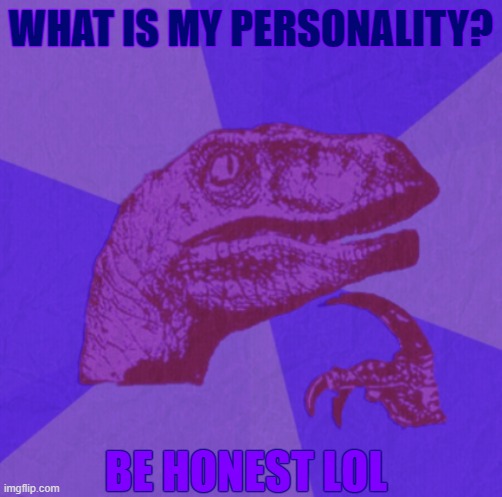 purple philosoraptor | WHAT IS MY PERSONALITY? BE HONEST LOL | image tagged in purple philosoraptor | made w/ Imgflip meme maker
