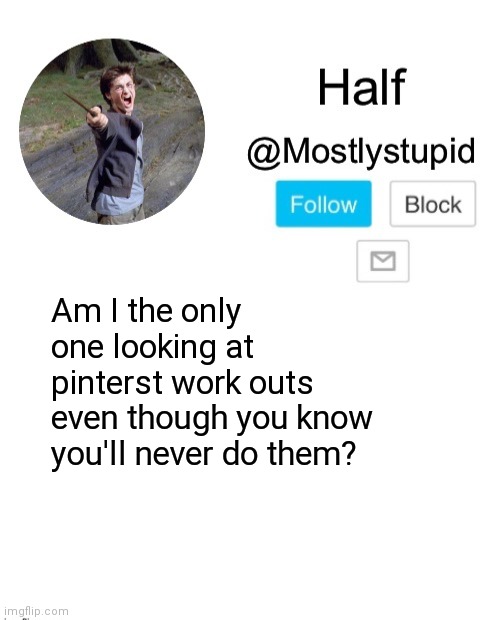 *cries in my brother will make fun of me * | Am I the only one looking at pinterst work outs even though you know you'll never do them? | image tagged in mostlystupid template | made w/ Imgflip meme maker