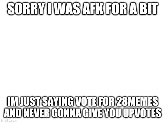 please | SORRY I WAS AFK FOR A BIT; IM JUST SAYING VOTE FOR 28MEMES AND NEVER GONNA GIVE YOU UPVOTES | image tagged in blank white template | made w/ Imgflip meme maker