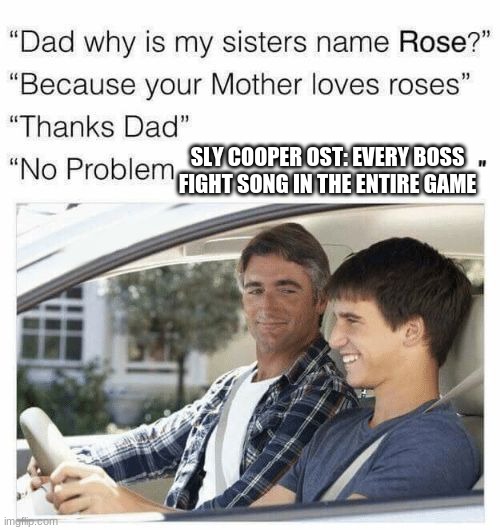 Either that or imma name my kid money | SLY COOPER OST: EVERY BOSS FIGHT SONG IN THE ENTIRE GAME | image tagged in why is my sister's name rose,sly cooper | made w/ Imgflip meme maker