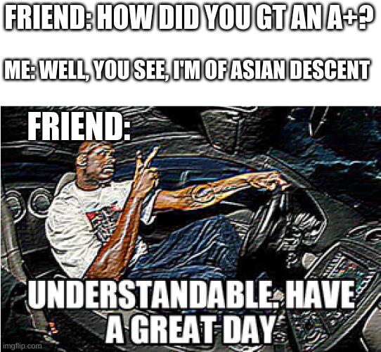 he's got a point | FRIEND: HOW DID YOU GT AN A+? ME: WELL, YOU SEE, I'M OF ASIAN DESCENT; FRIEND: | image tagged in understandable have a great day | made w/ Imgflip meme maker