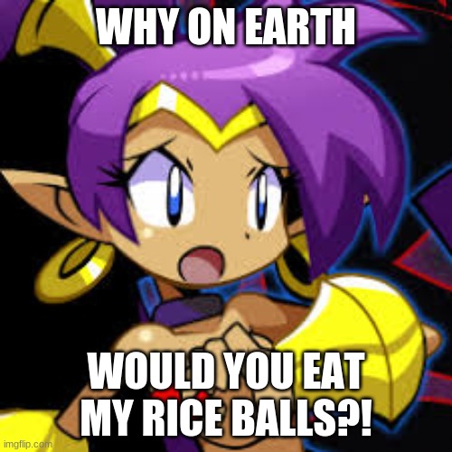 Shantae scared | WHY ON EARTH; WOULD YOU EAT MY RICE BALLS?! | image tagged in shantae scared | made w/ Imgflip meme maker
