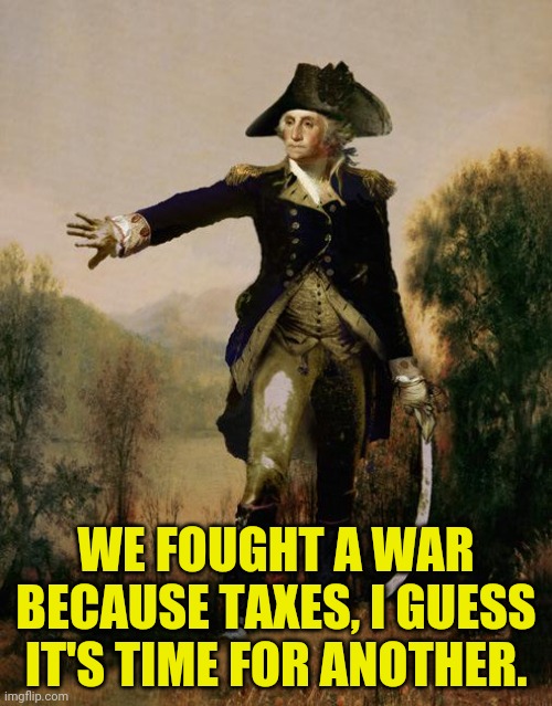 George Washington 6 | WE FOUGHT A WAR BECAUSE TAXES, I GUESS IT'S TIME FOR ANOTHER. | image tagged in george washington 6 | made w/ Imgflip meme maker