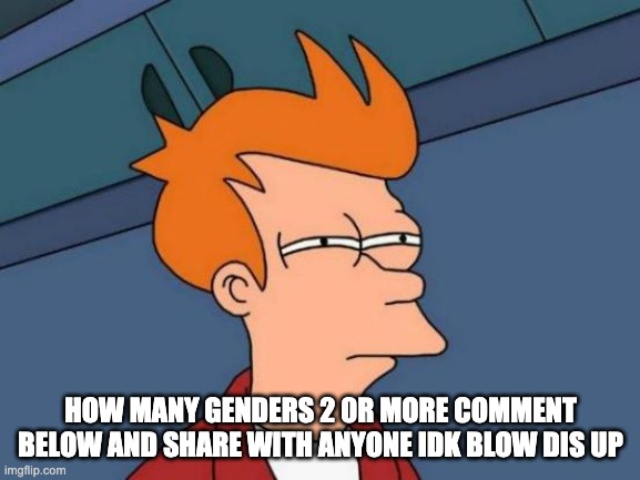 Futurama Fry Meme | HOW MANY GENDERS 2 0R MORE COMMENT BELOW AND SHARE WITH ANYONE IDK BLOW DIS UP | image tagged in memes,futurama fry | made w/ Imgflip meme maker
