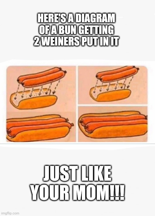 Mom | HERE'S A DIAGRAM OF A BUN GETTING 2 WEINERS PUT IN IT; JUST LIKE YOUR MOM!!! | image tagged in funny | made w/ Imgflip meme maker