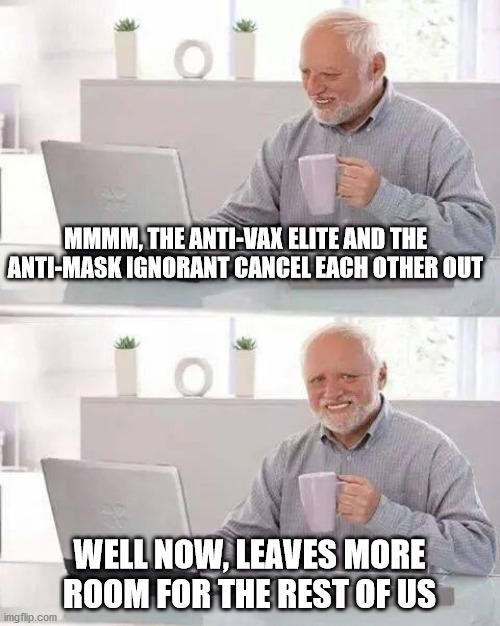 Hide the Pain Harold | MMMM, THE ANTI-VAX ELITE AND THE ANTI-MASK IGNORANT CANCEL EACH OTHER OUT; WELL NOW, LEAVES MORE ROOM FOR THE REST OF US | image tagged in memes,hide the pain harold | made w/ Imgflip meme maker