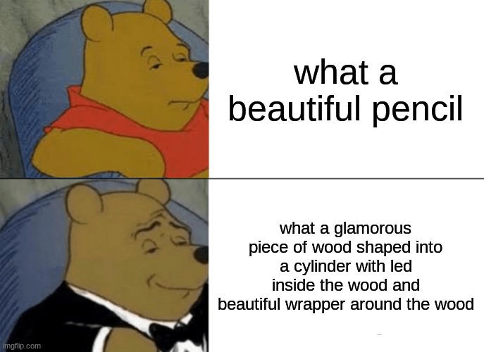 Tuxedo Winnie The Pooh | what a beautiful pencil; what a glamorous piece of wood shaped into a cylinder with led inside the wood and beautiful wrapper around the wood | image tagged in memes,tuxedo winnie the pooh | made w/ Imgflip meme maker